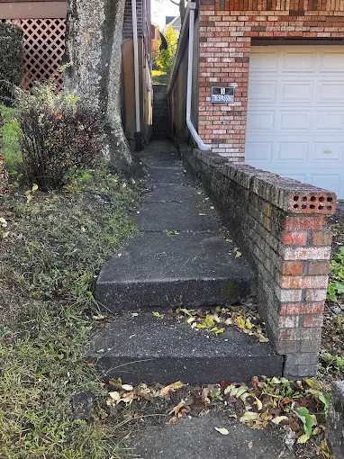 Old crumbling concrete steps and narrow path beside a brick garage